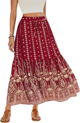 Women's Boho Maxi Skirt, Flowy Tiered, Lightweight Beach Vacation Outfits