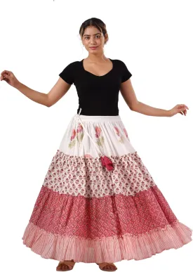 Women's Cotton Hand Block Printed Maxi Skirt with Drawstring Tassels, Lined & Ruffle Hem