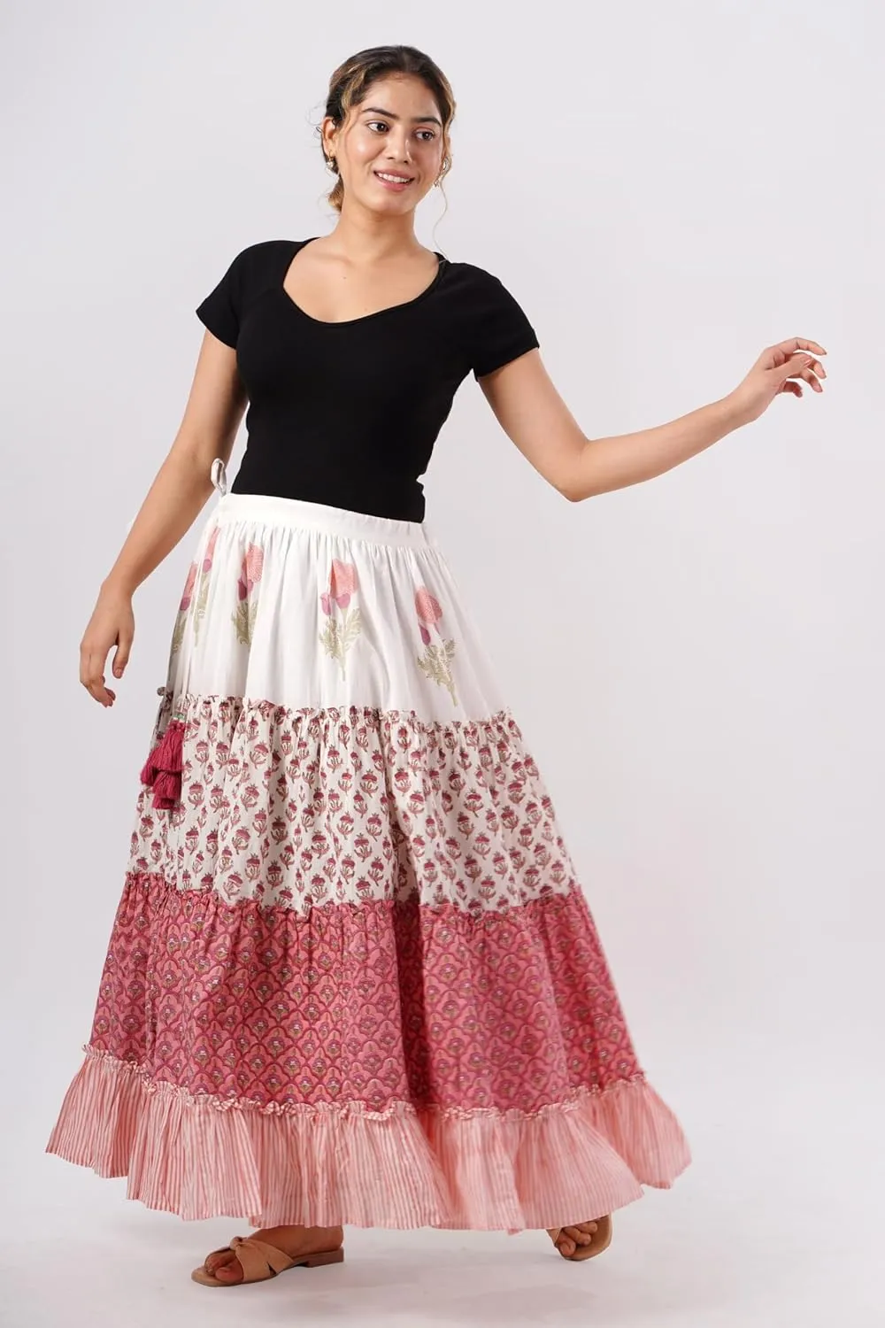 Women's Cotton Hand Block Printed Maxi Skirt with Drawstring Tassels, Lined & Ruffle Hem