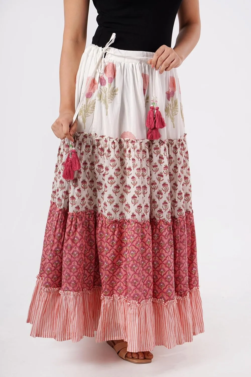 Women's Cotton Hand Block Printed Maxi Skirt with Drawstring Tassels, Lined & Ruffle Hem