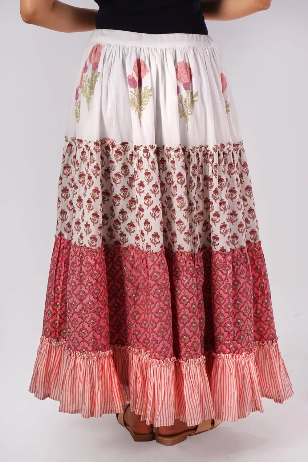 Women's Cotton Hand Block Printed Maxi Skirt with Drawstring Tassels, Lined & Ruffle Hem