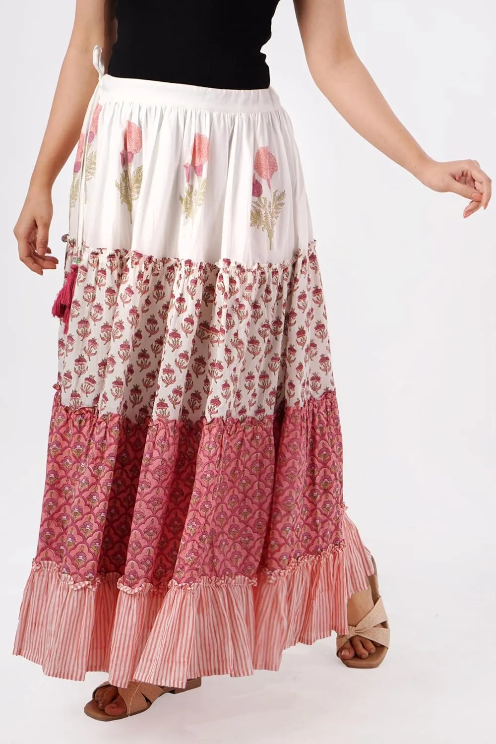 Women's Cotton Hand Block Printed Maxi Skirt with Drawstring Tassels, Lined & Ruffle Hem