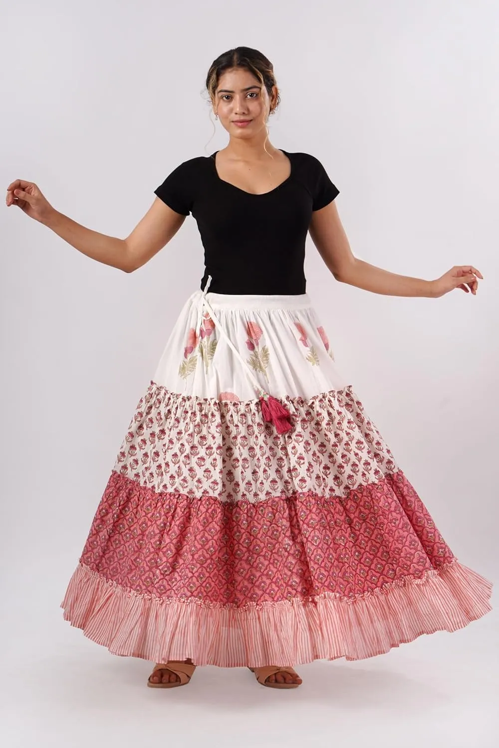 Women's Cotton Hand Block Printed Maxi Skirt with Drawstring Tassels, Lined & Ruffle Hem