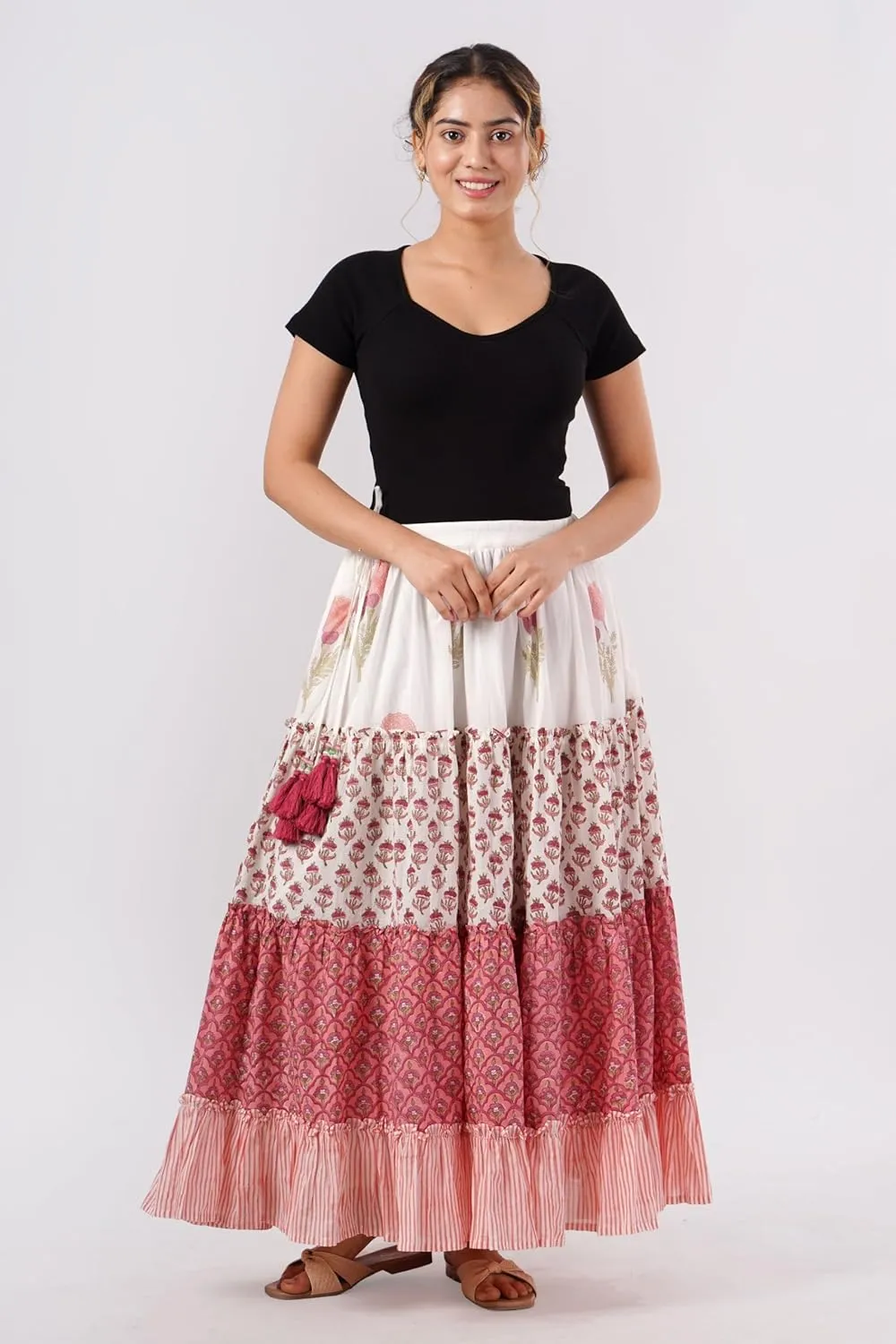 Women's Cotton Hand Block Printed Maxi Skirt with Drawstring Tassels, Lined & Ruffle Hem