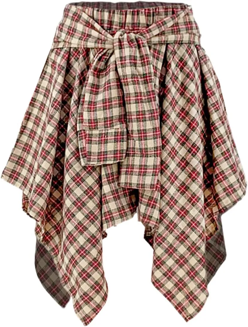 Women's Plaid Skorts Skirts - High Waisted Tie Front Pleated Summer Asymmetrical Skirt with Shorts