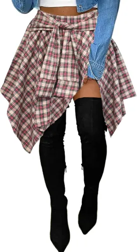 Women's Plaid Skorts Skirts - High Waisted Tie Front Pleated Summer Asymmetrical Skirt with Shorts