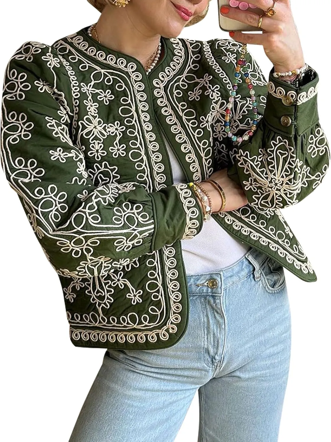 Women's Quilted Lightweight Jackets Floral Print Barn Jacket Open Front Puffer Coat Outwear