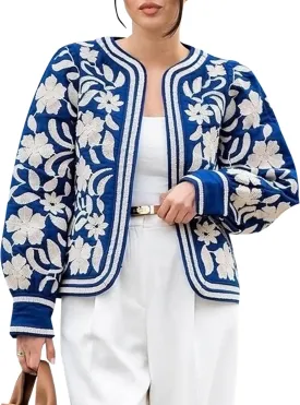 Women's Quilted Lightweight Jackets Floral Print Barn Jacket Open Front Puffer Coat Outwear