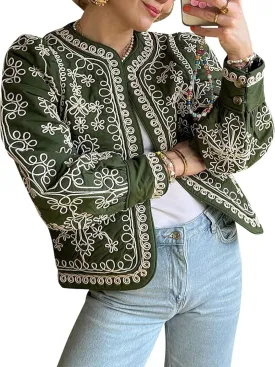 Women's Quilted Lightweight Jackets Floral Print Barn Jacket Open Front Puffer Coat Outwear