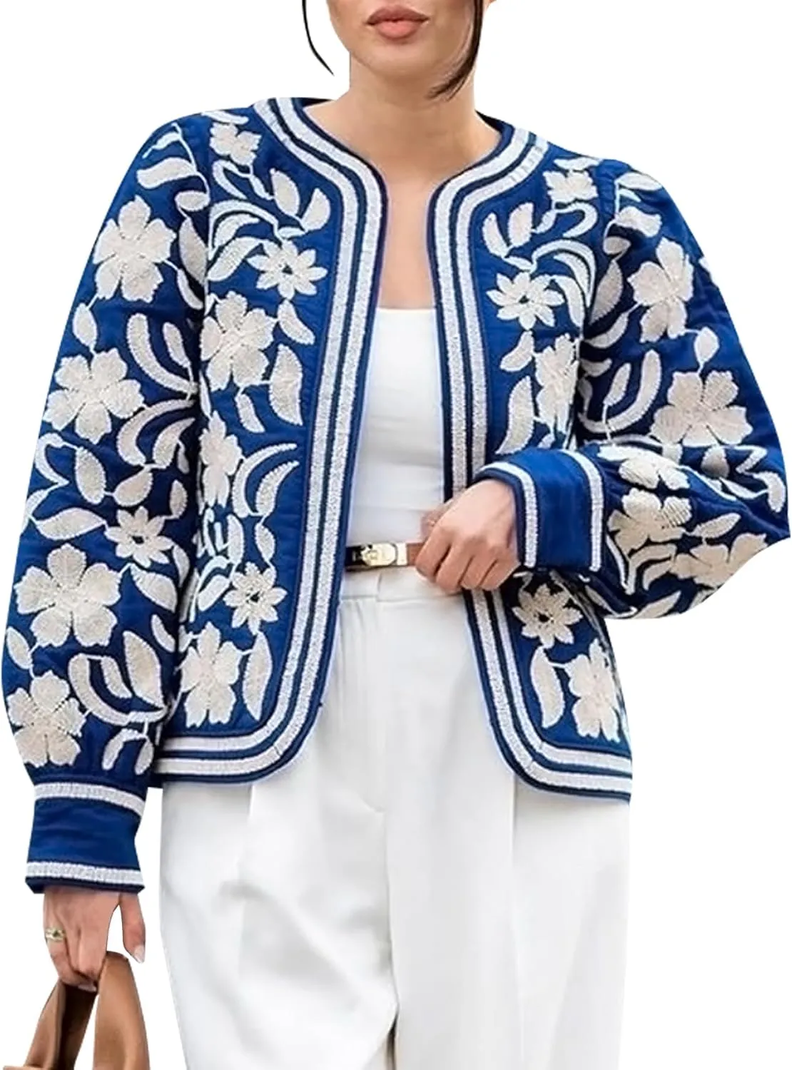 Women's Quilted Lightweight Jackets Floral Print Barn Jacket Open Front Puffer Coat Outwear