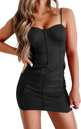 Women's Sleeveless Faux Suede Bodycon Mini Dress Sexy Adjustable Straps Padded Cocktail Dresses
