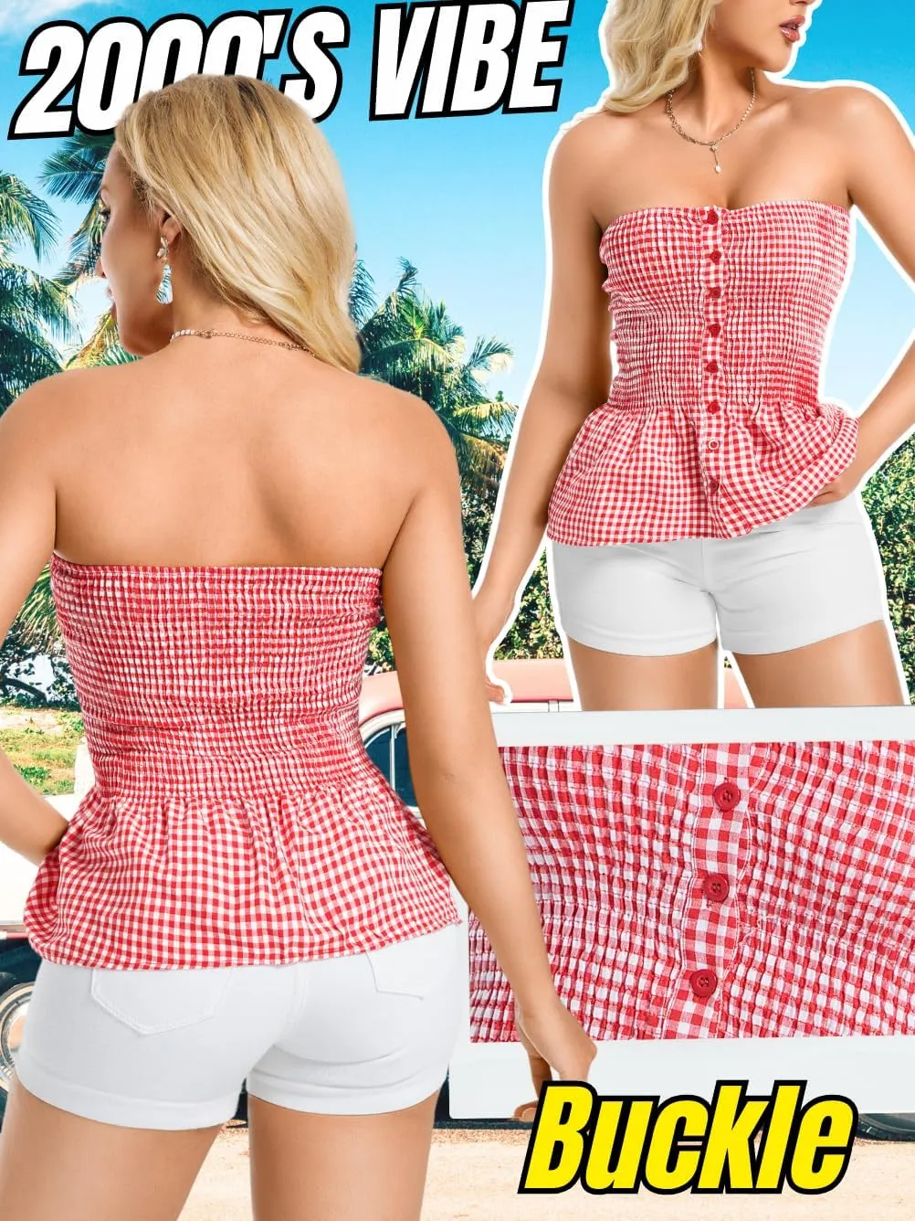 Women's Smocked Ruffle Tube Tops, Cute Gingham Peplum Top, Strapless Shirts for Summer Going Out