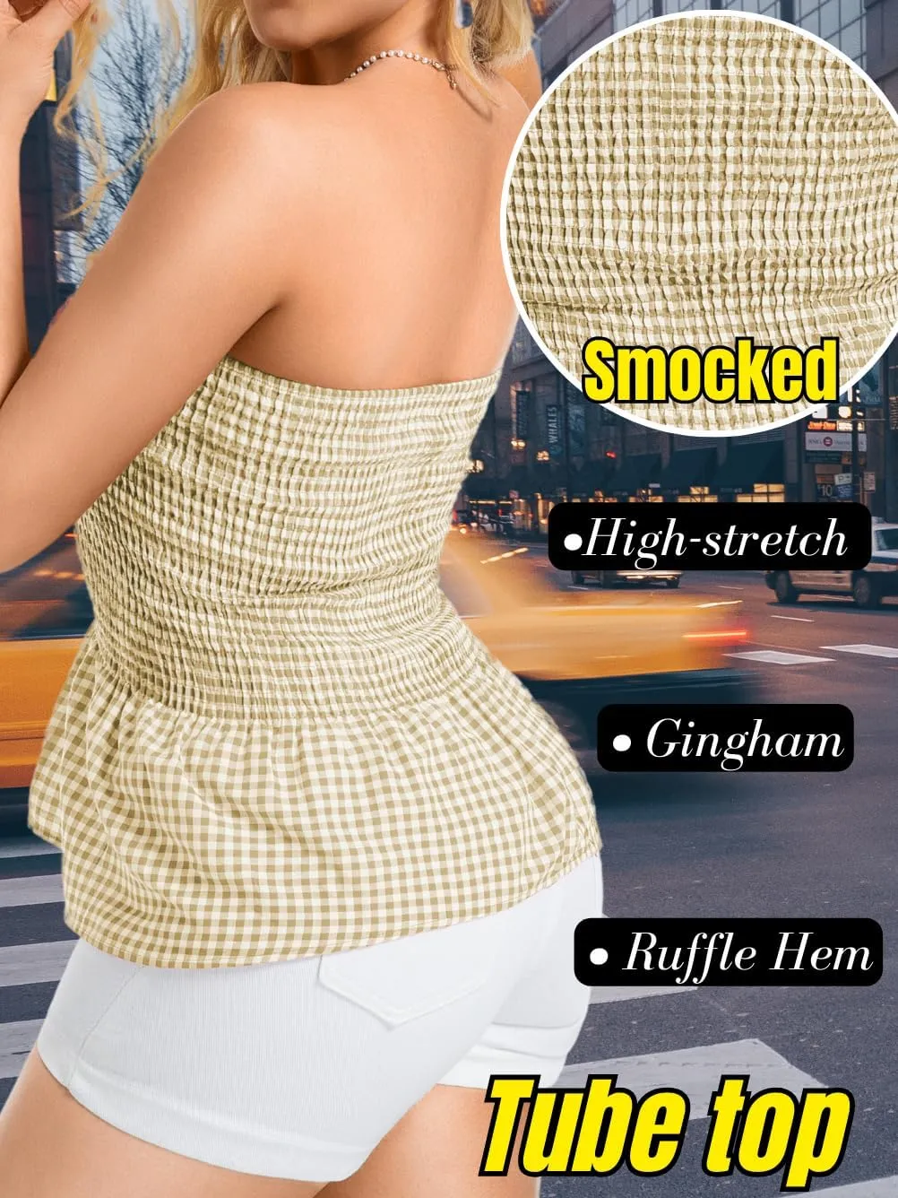 Women's Smocked Ruffle Tube Tops, Cute Gingham Peplum Top, Strapless Shirts for Summer Going Out