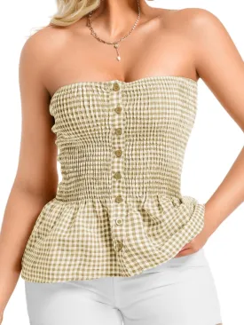 Women's Smocked Ruffle Tube Tops, Cute Gingham Peplum Top, Strapless Shirts for Summer Going Out