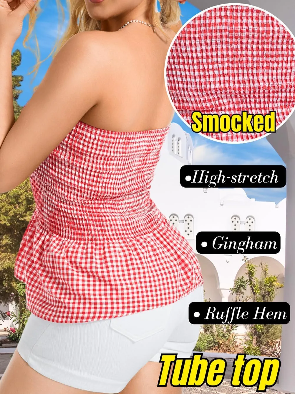 Women's Smocked Ruffle Tube Tops, Cute Gingham Peplum Top, Strapless Shirts for Summer Going Out