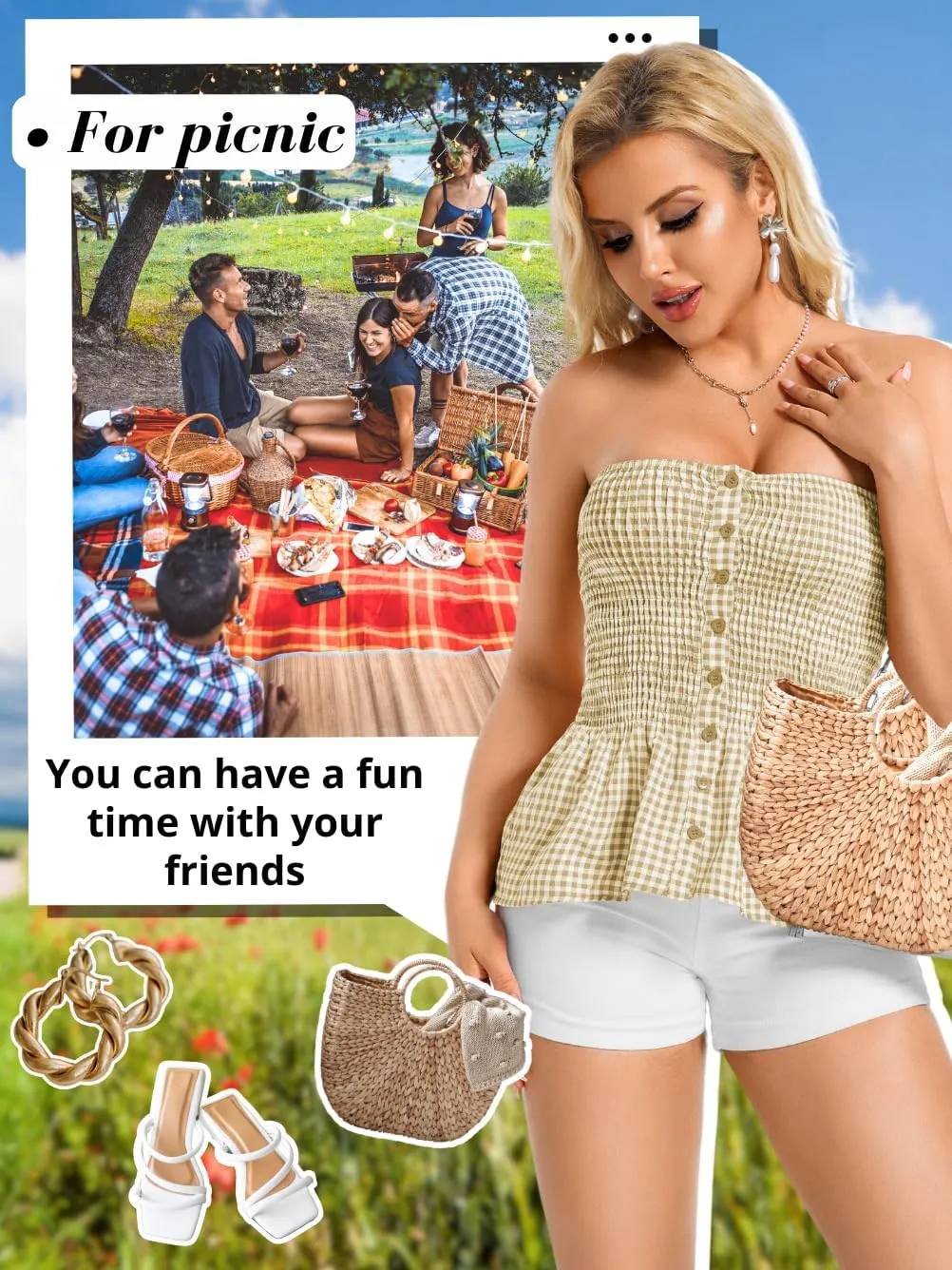 Women's Smocked Ruffle Tube Tops, Cute Gingham Peplum Top, Strapless Shirts for Summer Going Out