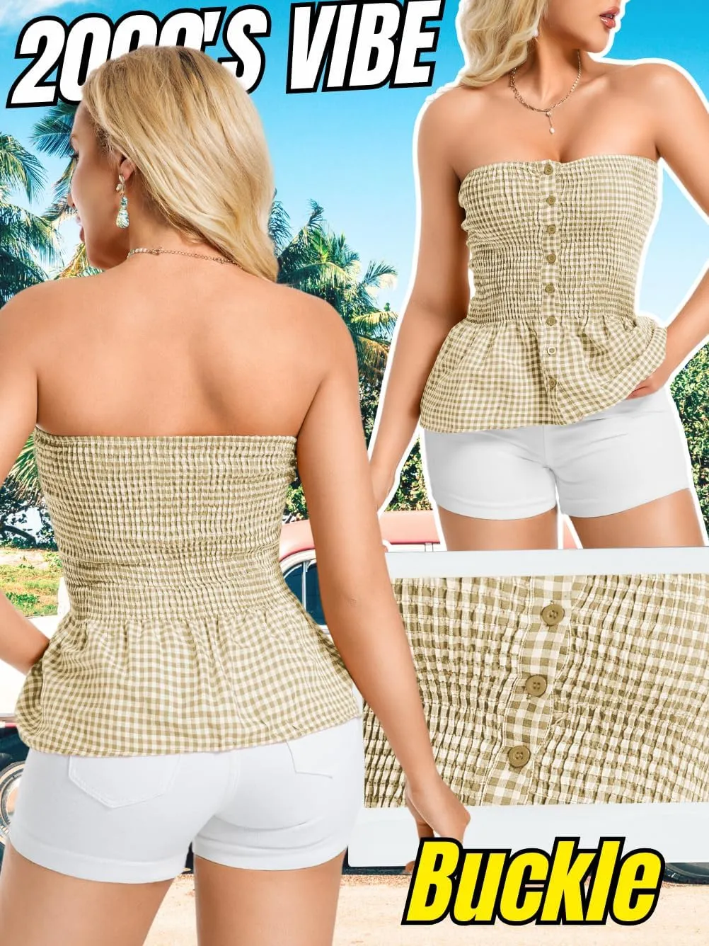 Women's Smocked Ruffle Tube Tops, Cute Gingham Peplum Top, Strapless Shirts for Summer Going Out
