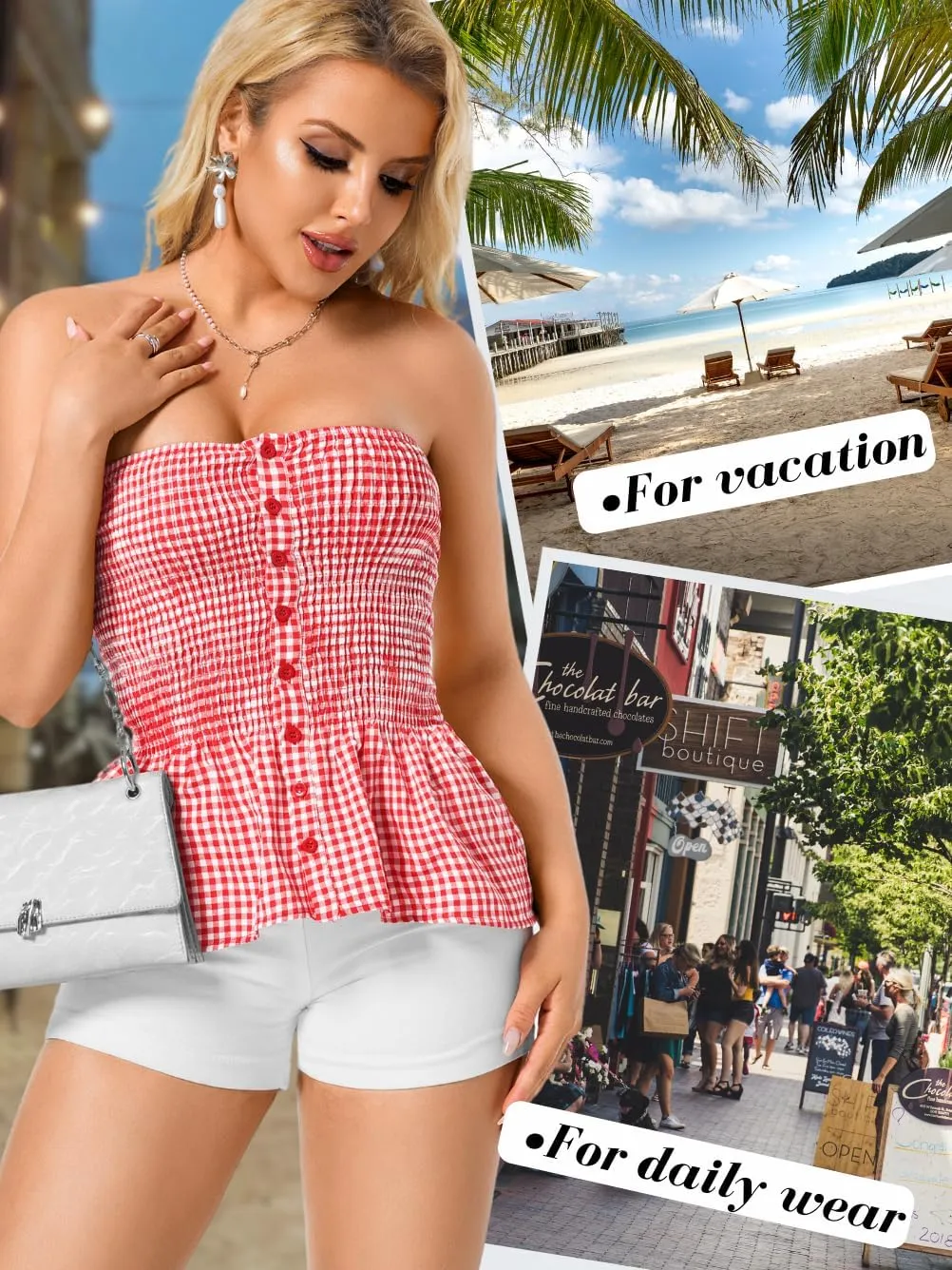 Women's Smocked Ruffle Tube Tops, Cute Gingham Peplum Top, Strapless Shirts for Summer Going Out