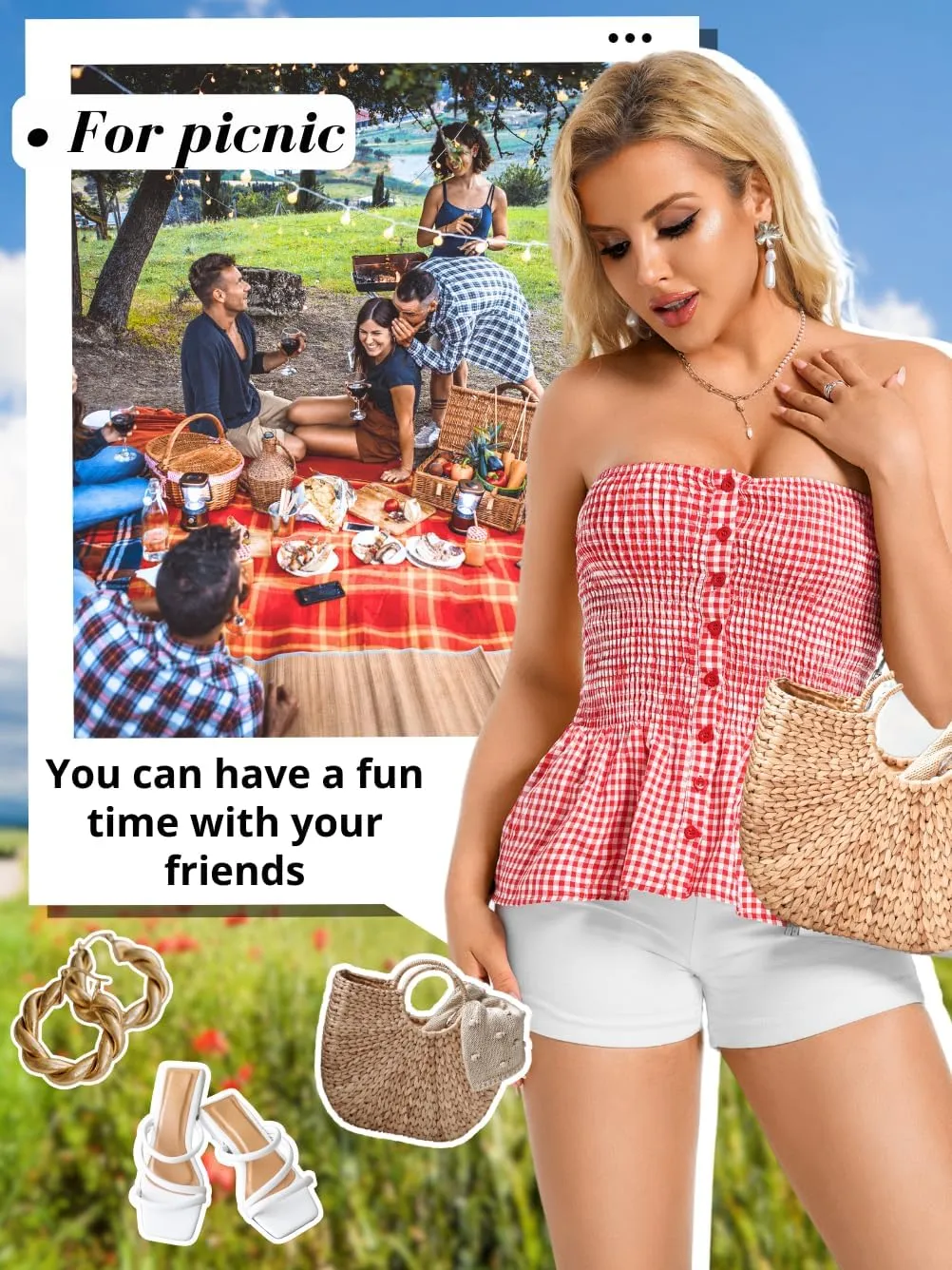 Women's Smocked Ruffle Tube Tops, Cute Gingham Peplum Top, Strapless Shirts for Summer Going Out