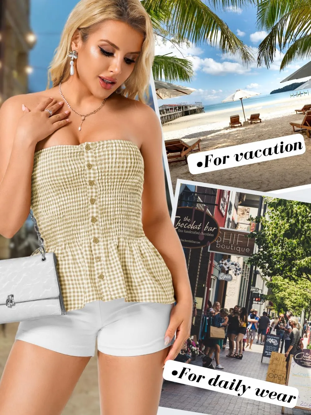 Women's Smocked Ruffle Tube Tops, Cute Gingham Peplum Top, Strapless Shirts for Summer Going Out