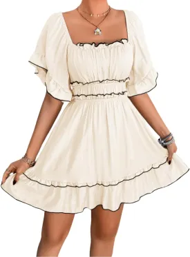 Women's Summer Flowy Square Neck Sundress, Boho A-Line Empire Waist Short Dress with Flutter Sleeve Ruffle Trim