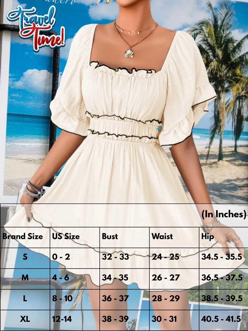 Women's Summer Flowy Square Neck Sundress, Boho A-Line Empire Waist Short Dress with Flutter Sleeve Ruffle Trim