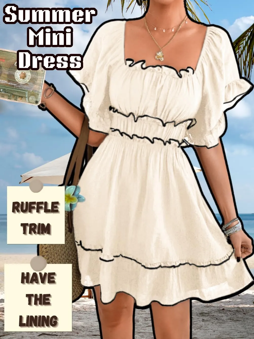 Women's Summer Flowy Square Neck Sundress, Boho A-Line Empire Waist Short Dress with Flutter Sleeve Ruffle Trim