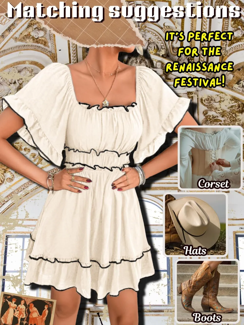Women's Summer Flowy Square Neck Sundress, Boho A-Line Empire Waist Short Dress with Flutter Sleeve Ruffle Trim