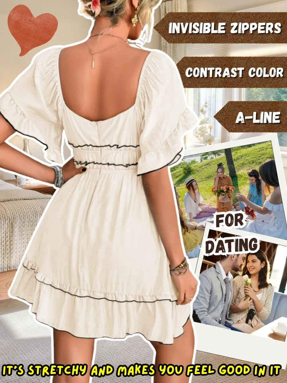 Women's Summer Flowy Square Neck Sundress, Boho A-Line Empire Waist Short Dress with Flutter Sleeve Ruffle Trim