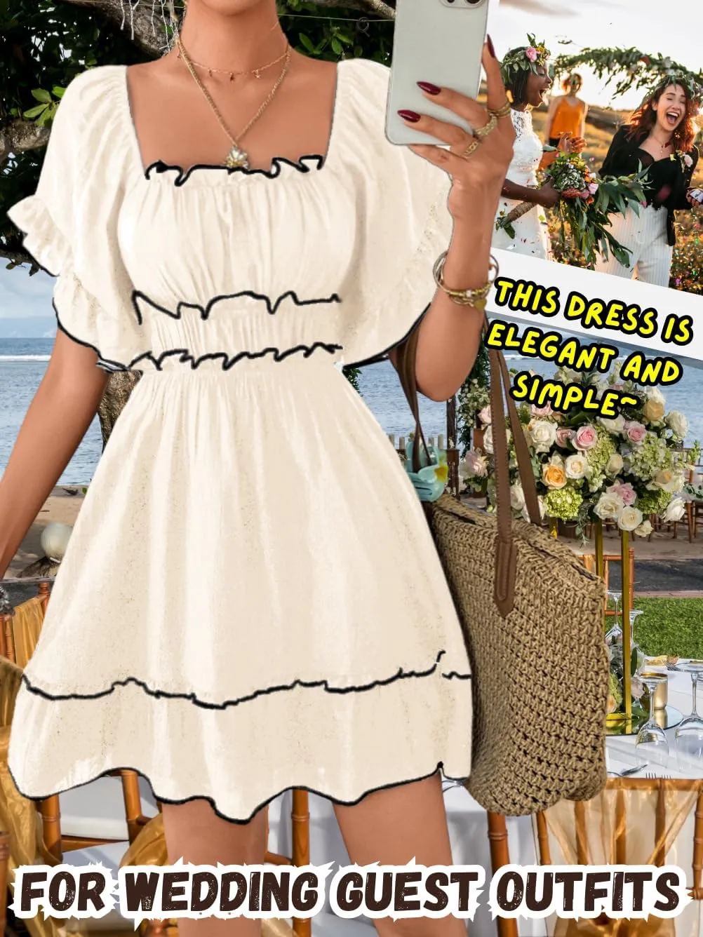 Women's Summer Flowy Square Neck Sundress, Boho A-Line Empire Waist Short Dress with Flutter Sleeve Ruffle Trim