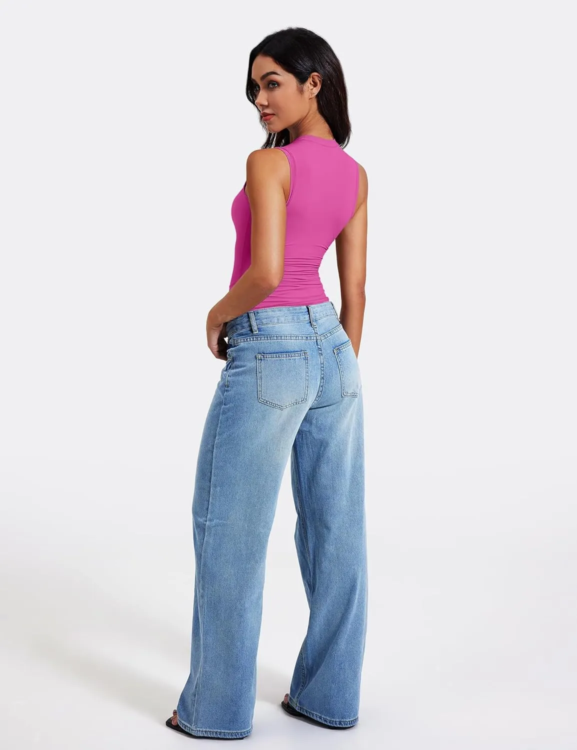 YEOREO Women Basic Mock Neck Workout Crop Top Sleeveless Double Lined Tank Tee Slim Fitted Ruched Going Out Camisole
