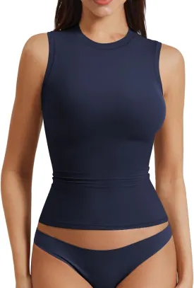 YEOREO Women Basic Mock Neck Workout Crop Top Sleeveless Double Lined Tank Tee Slim Fitted Ruched Going Out Camisole