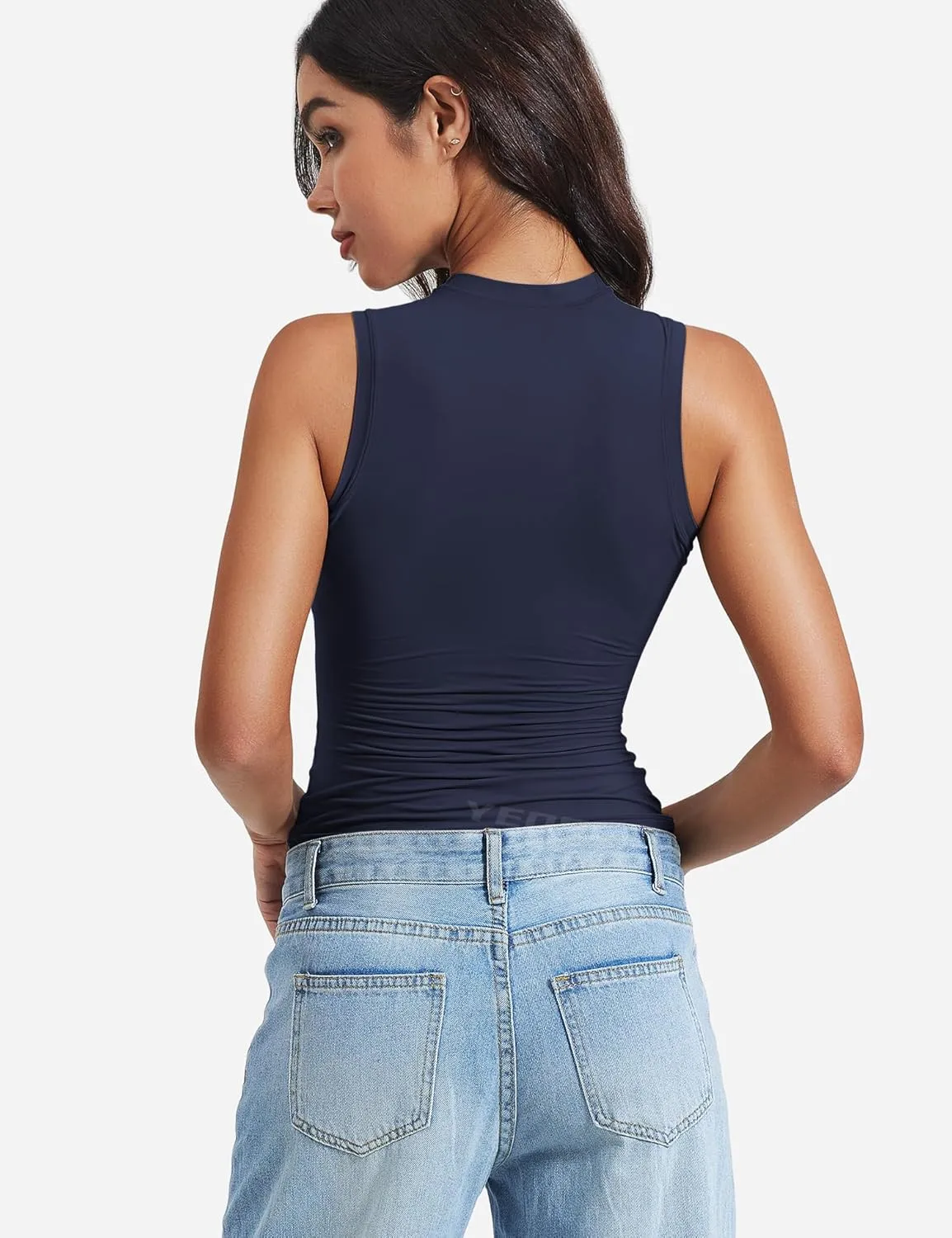 YEOREO Women Basic Mock Neck Workout Crop Top Sleeveless Double Lined Tank Tee Slim Fitted Ruched Going Out Camisole