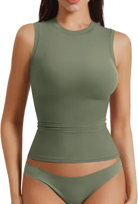YEOREO Women Basic Mock Neck Workout Crop Top Sleeveless Double Lined Tank Tee Slim Fitted Ruched Going Out Camisole