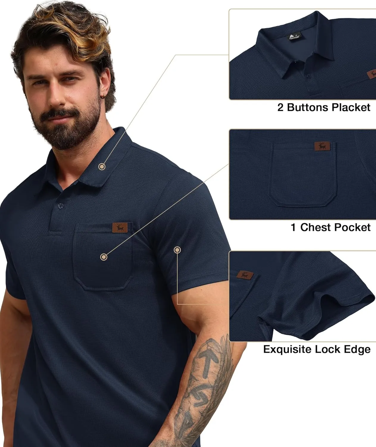ZITY Mens Waffle Polo Shirts Casual Short Sleeve Texture Polo for Men Moisture Wicking Collared T-Shirt with Pocket