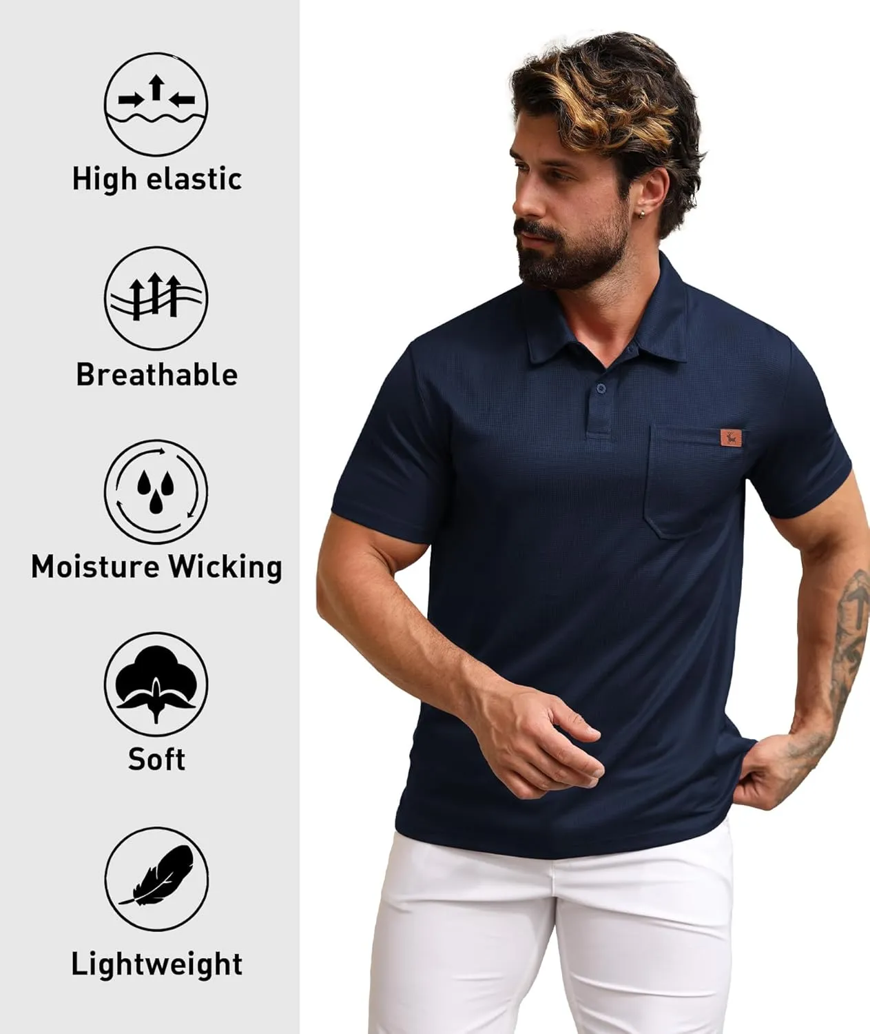 ZITY Mens Waffle Polo Shirts Casual Short Sleeve Texture Polo for Men Moisture Wicking Collared T-Shirt with Pocket